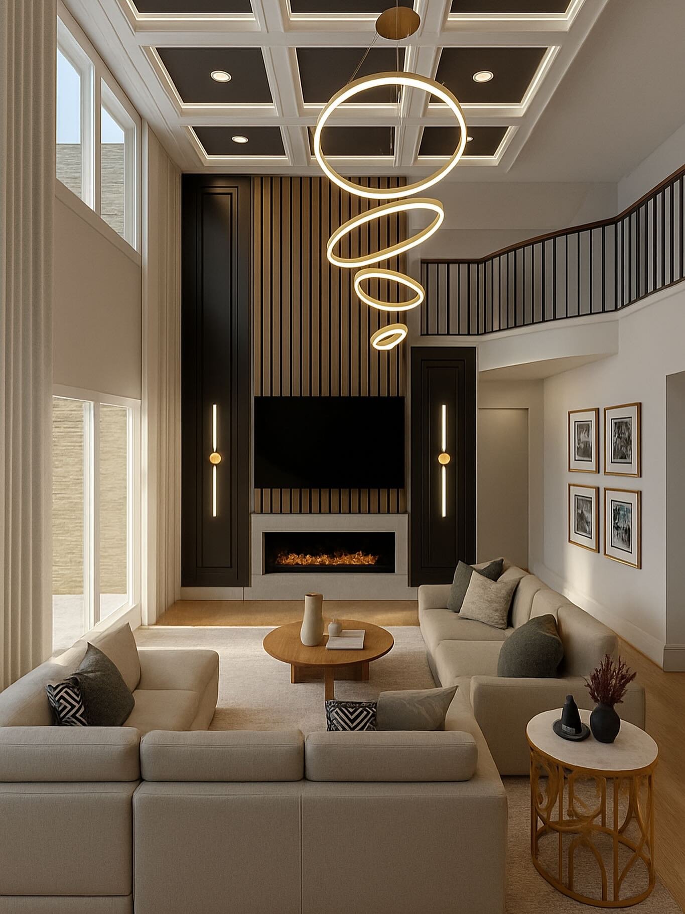 Floor-to-ceiling wood slat TV wall with black side panels and fireplace.