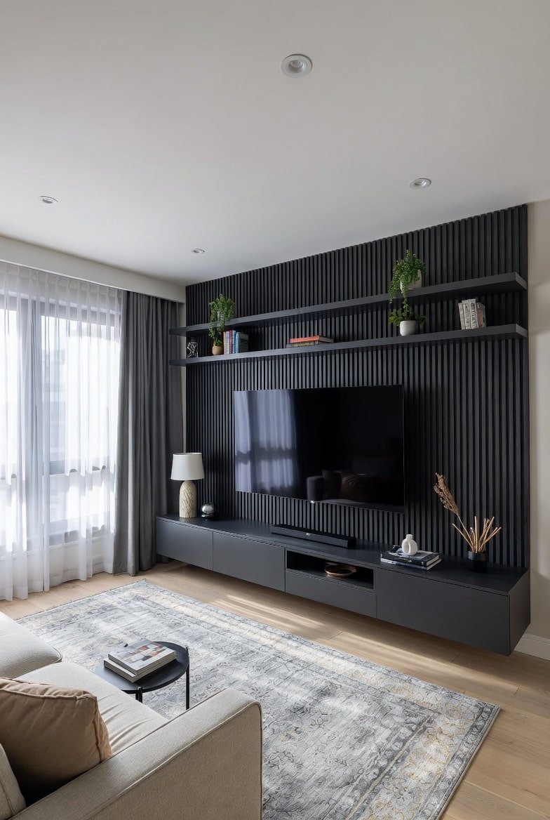 Living room featuring a vertical slatted Black Accent Wall with a mounted TV and floating shelves.