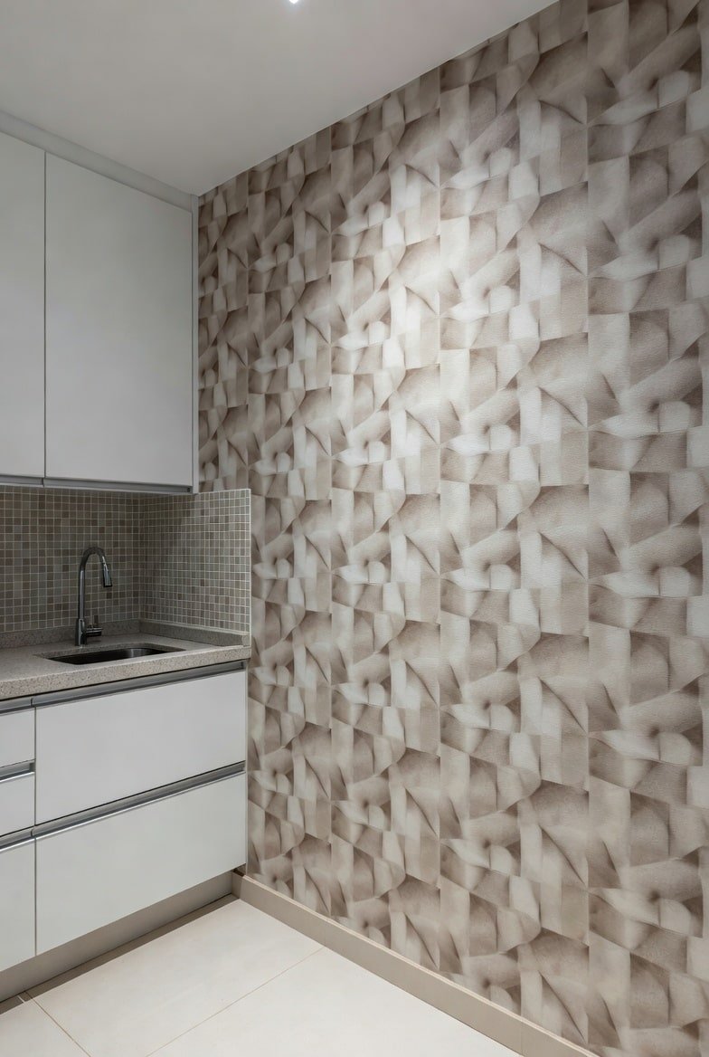Kitchen featuring a beige and brown abstract geometric pattern accent wall