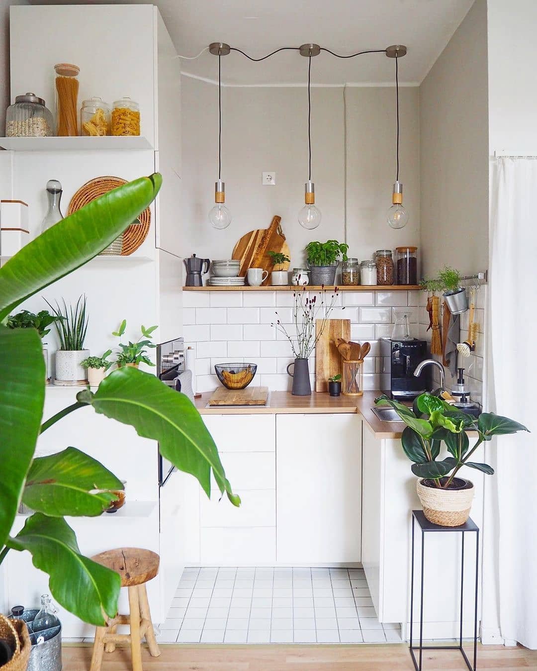 Small white kitchen with subway tiles, hanging bulb lights, and indoor plants