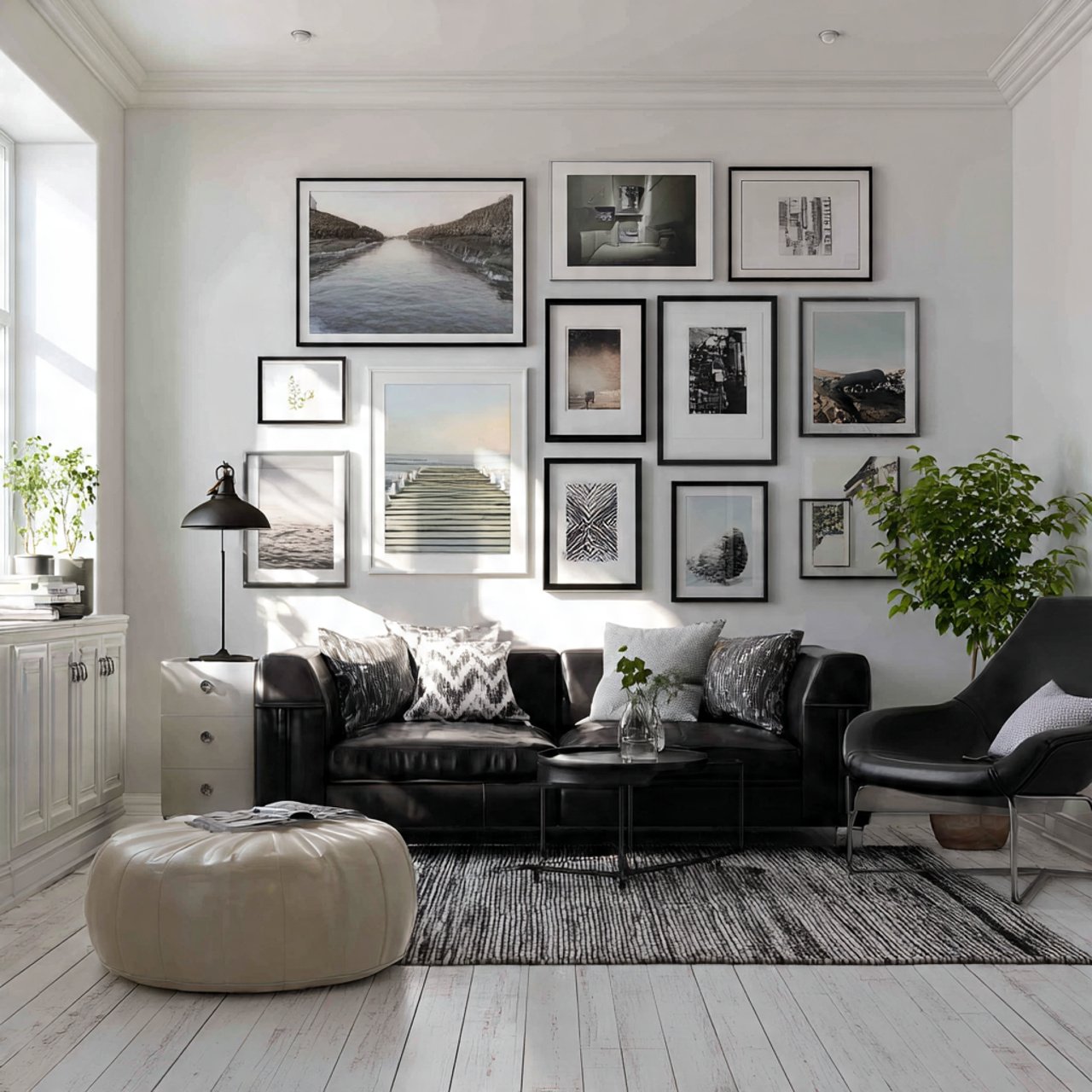 Floor-to-ceiling gallery wall with black and white photography above a black leather sofa.