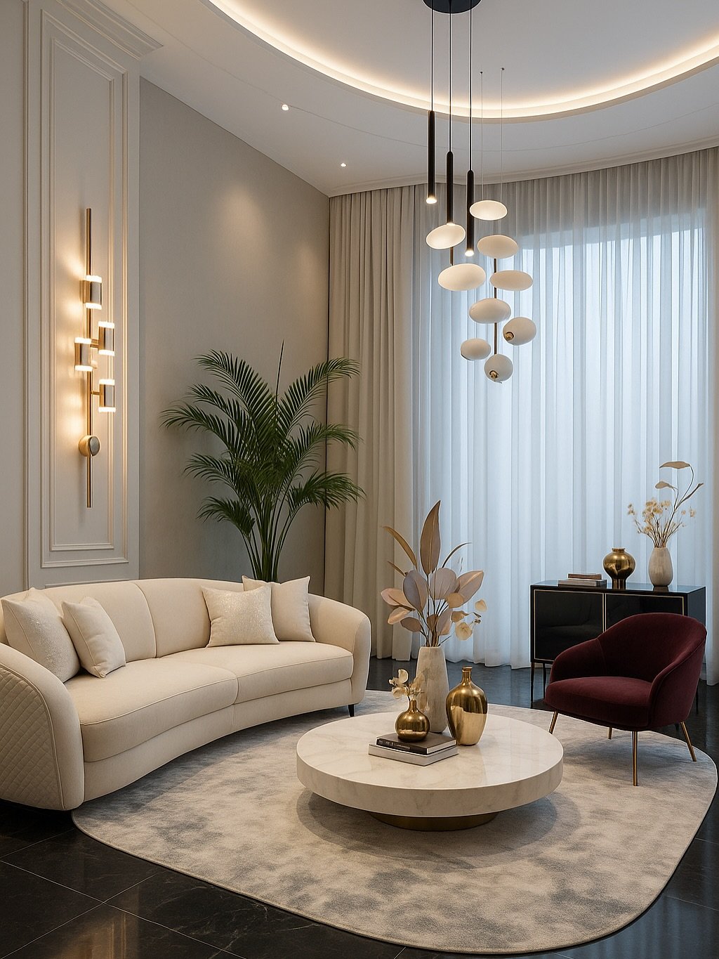 White living room wall featuring tall decorative paneling and a modern brass vertical sconce light.