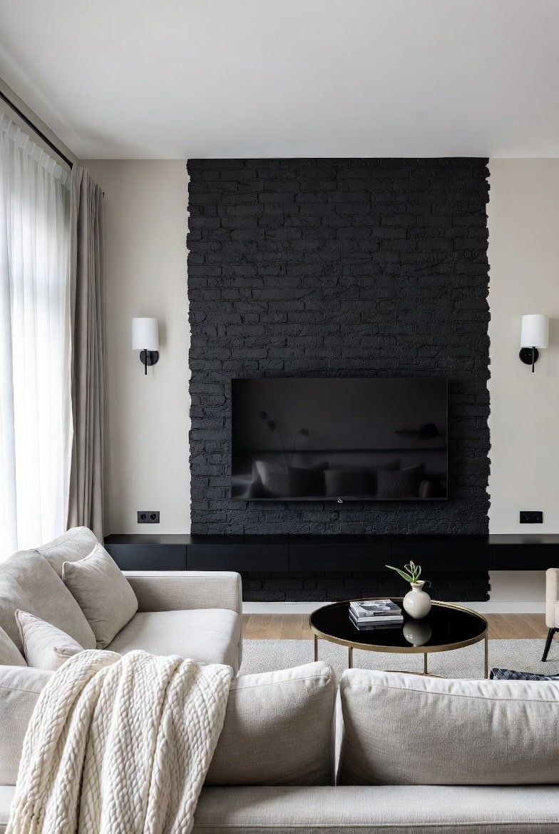 Living room featuring a central painted black brick accent wall behind a TV with white flanking walls.