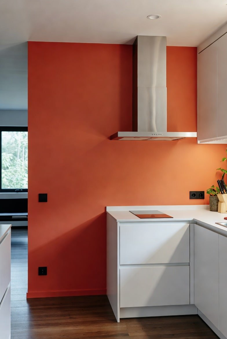 Kitchen featuring a solid orange accent wall behind a stainless steel range hood