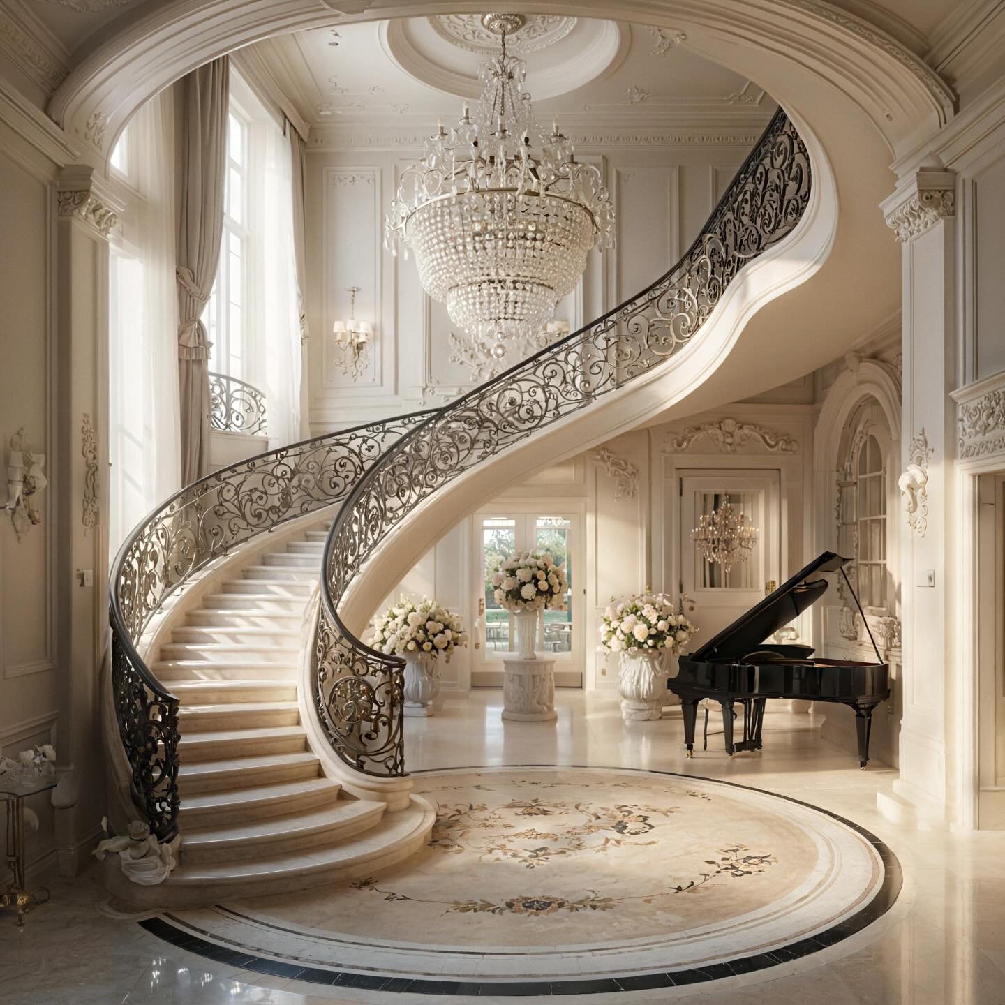 Luxurious foyer featuring a curved staircase with ornate iron railings, elaborate white wall moldings, and a grand crystal chandelier.