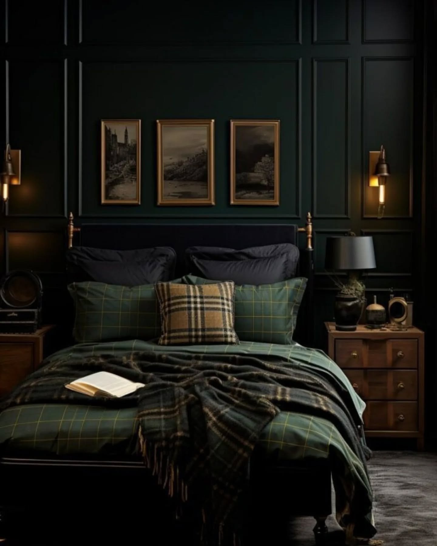 Dark green bedroom featuring full-height grid paneling behind a black bed with plaid bedding and vintage art.