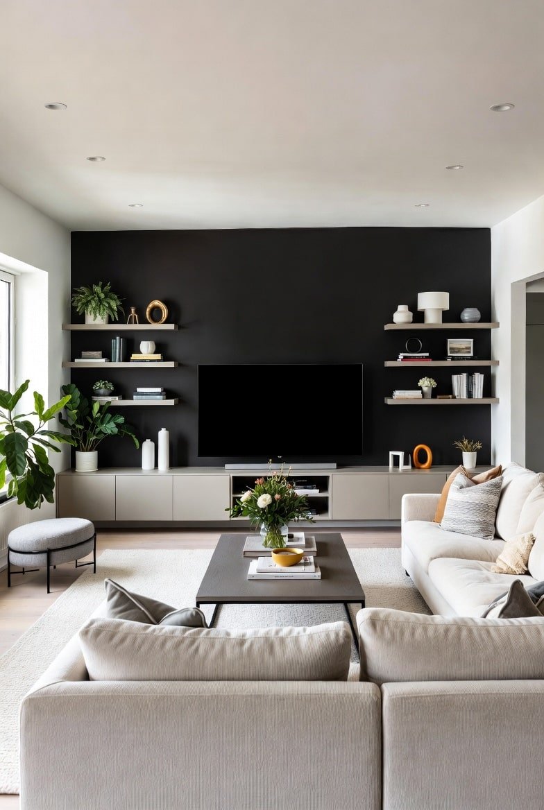 Living room featuring a matte Black Accent Wall with symmetrical floating shelves and a beige sectional sofa.