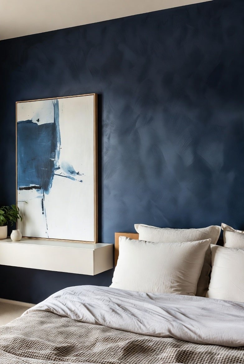 Navy blue limewash textured accent wall with large abstract art and floating shelf