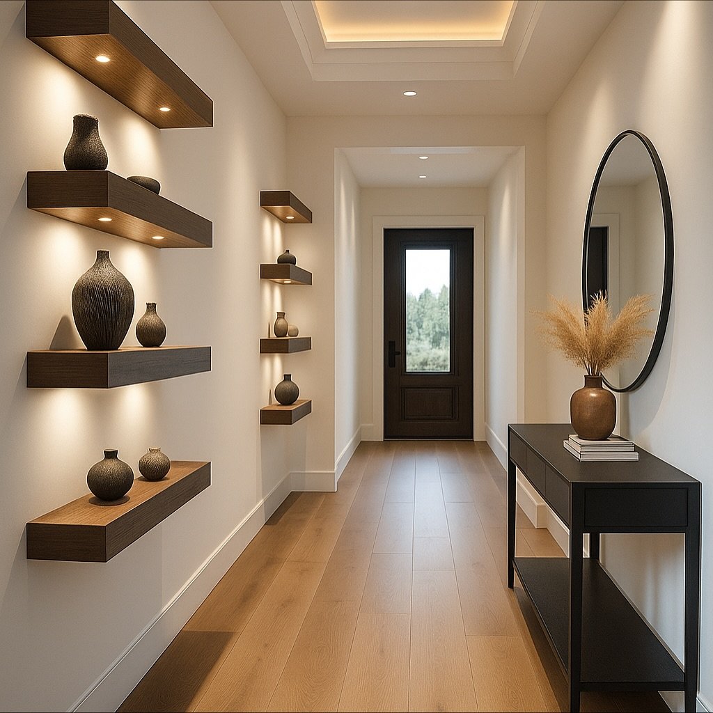 A modern hallway features floating wooden shelves with built-in downlights displaying dark ceramic vases opposite a black console table.