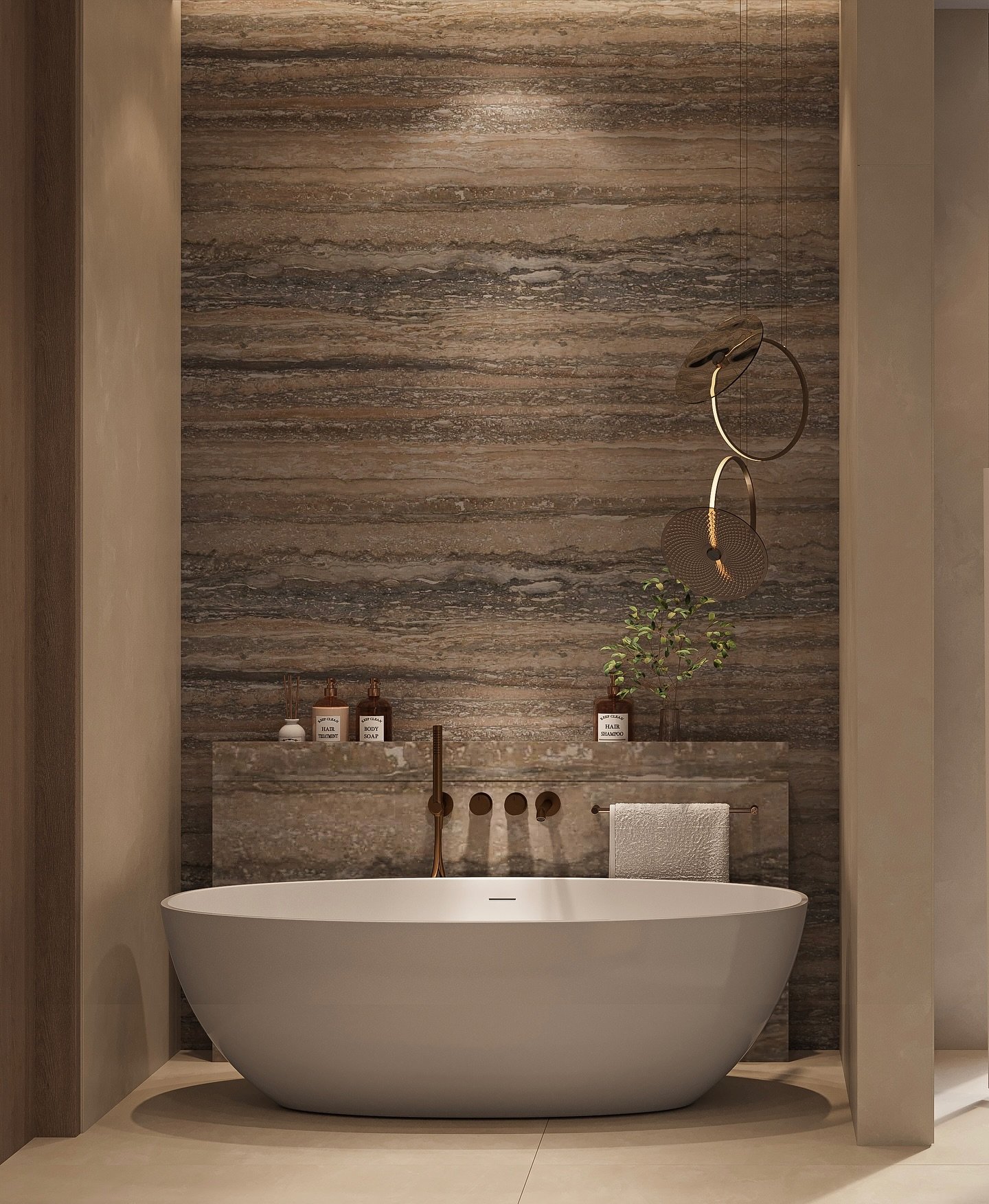 Minimalist bathroom featuring a horizontal brown stone accent wall behind a white tub.