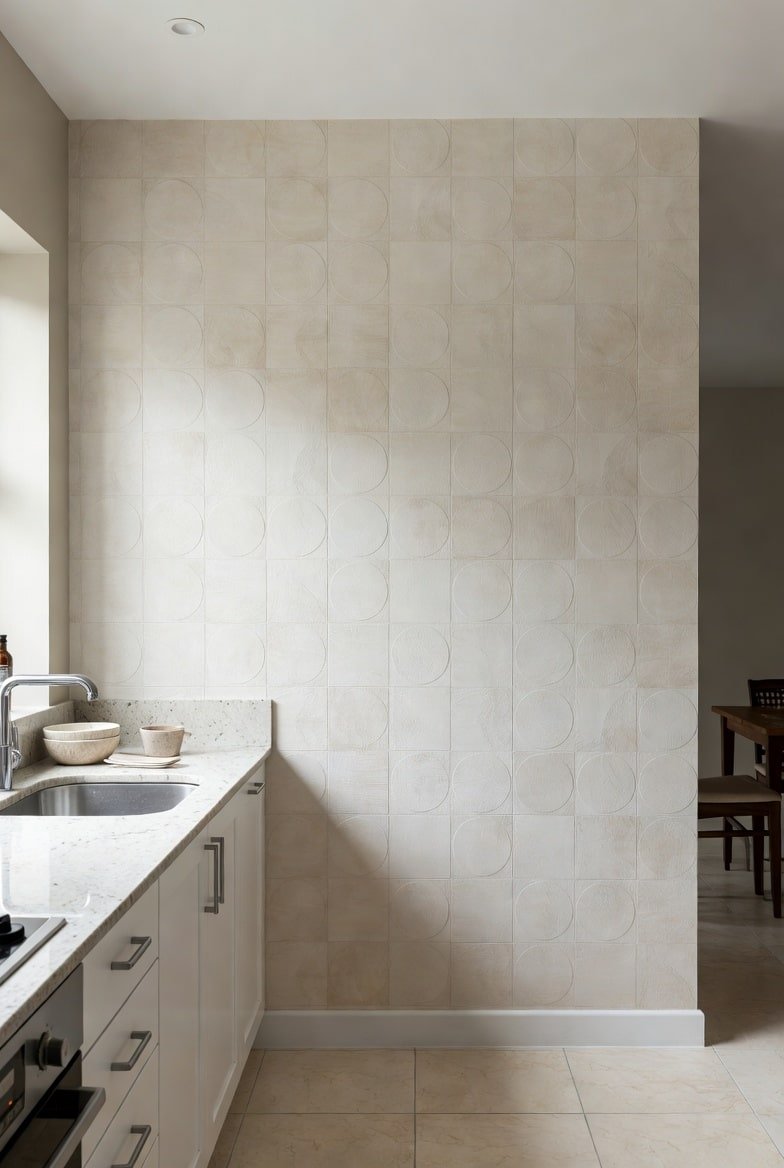 Kitchen featuring a light beige accent wall with raised circle patterns