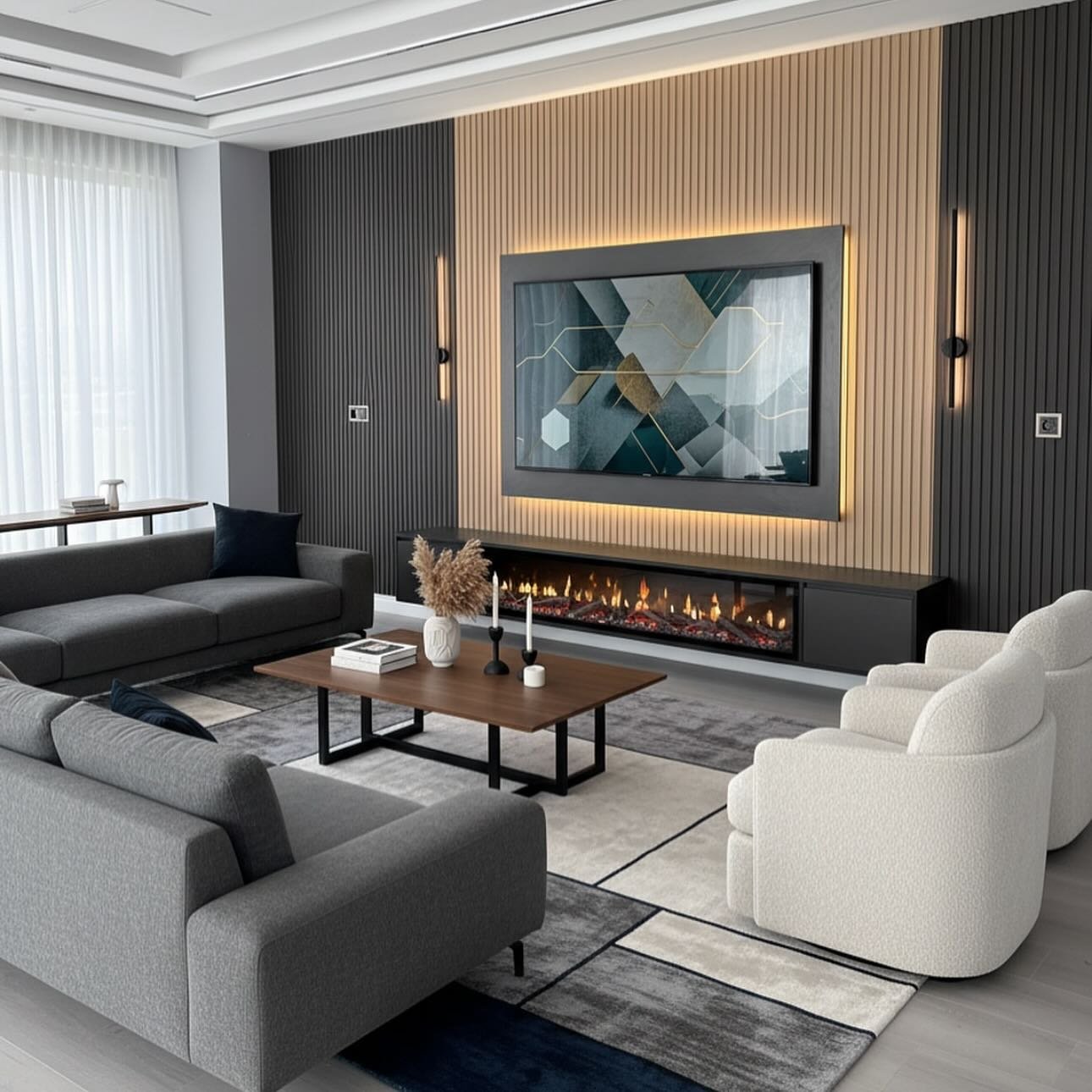 Modern TV wall featuring dark grey and light wood vertical slats with a linear fireplace.