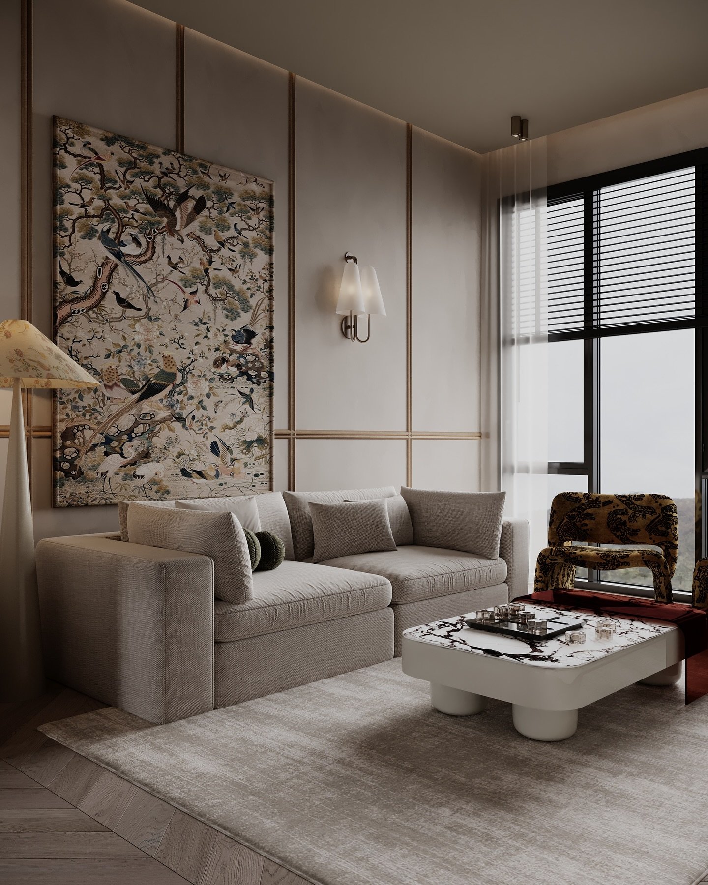 Beige living room wall with gold molding strips and large bird-themed wall art.