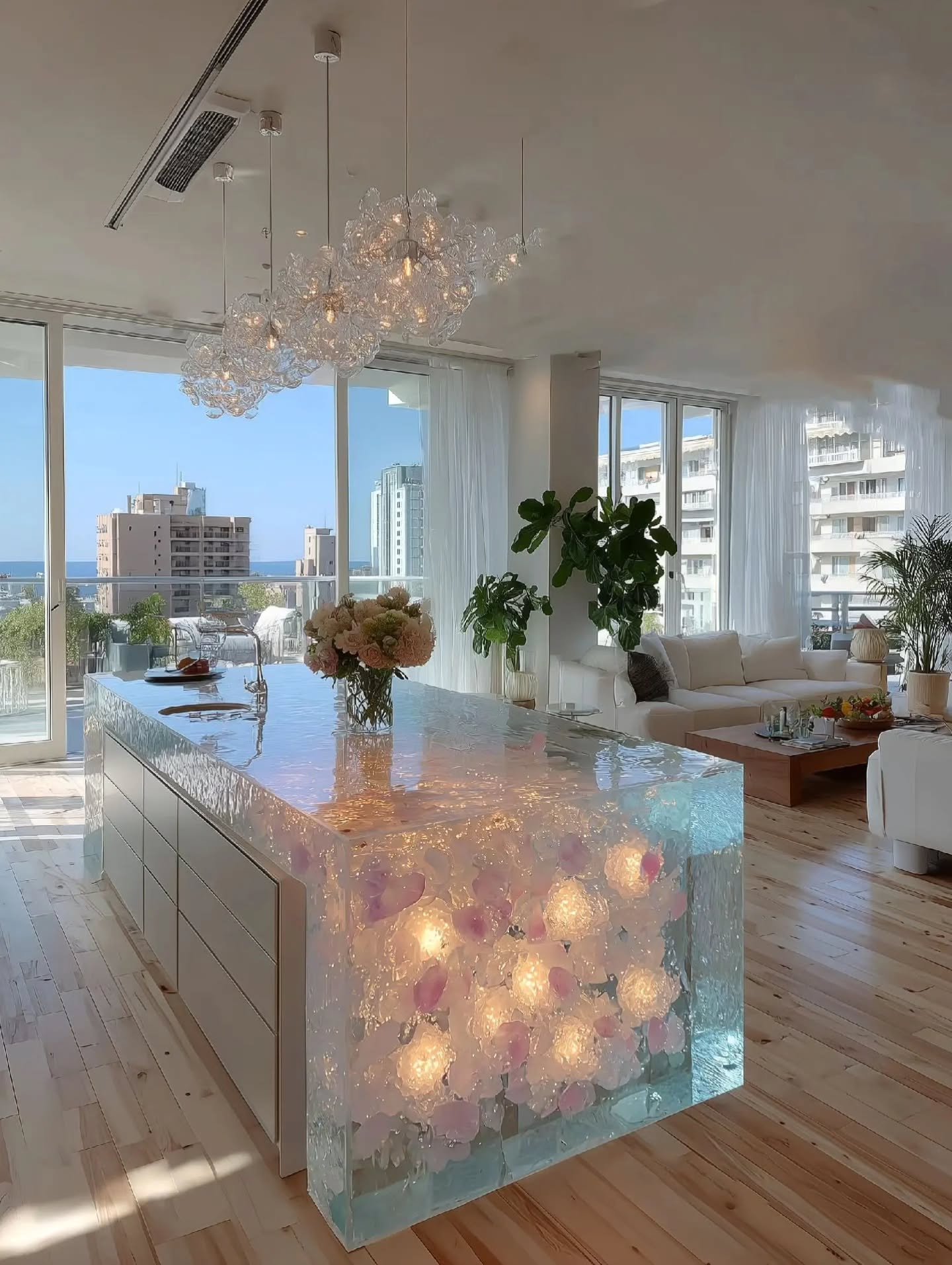 Bubble glass chandeliers hanging over a transparent illuminated floral kitchen island.