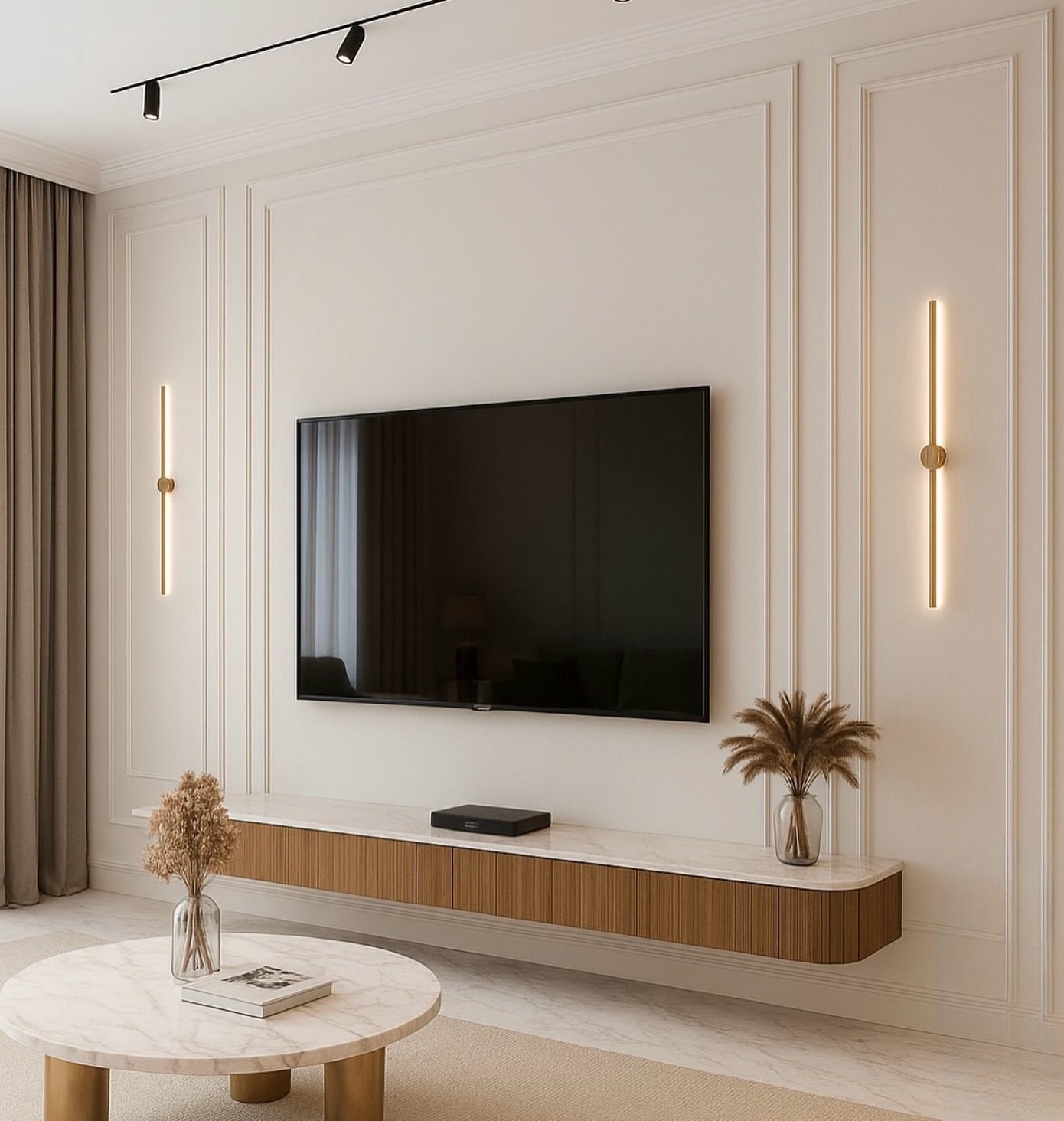 Cream wall with decorative moldings, floating wood console, and vertical gold wall lights.