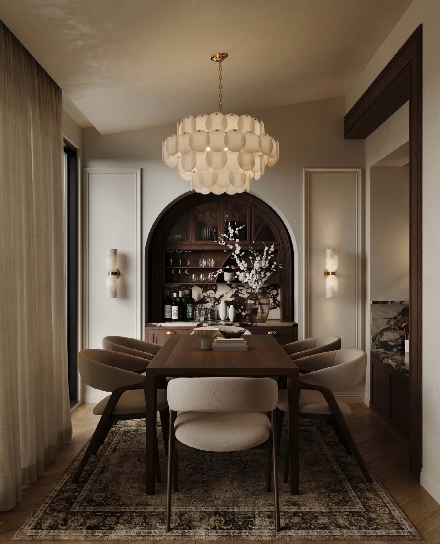 Tiered capiz shell chandelier over dark wood table with arched built-in bar.