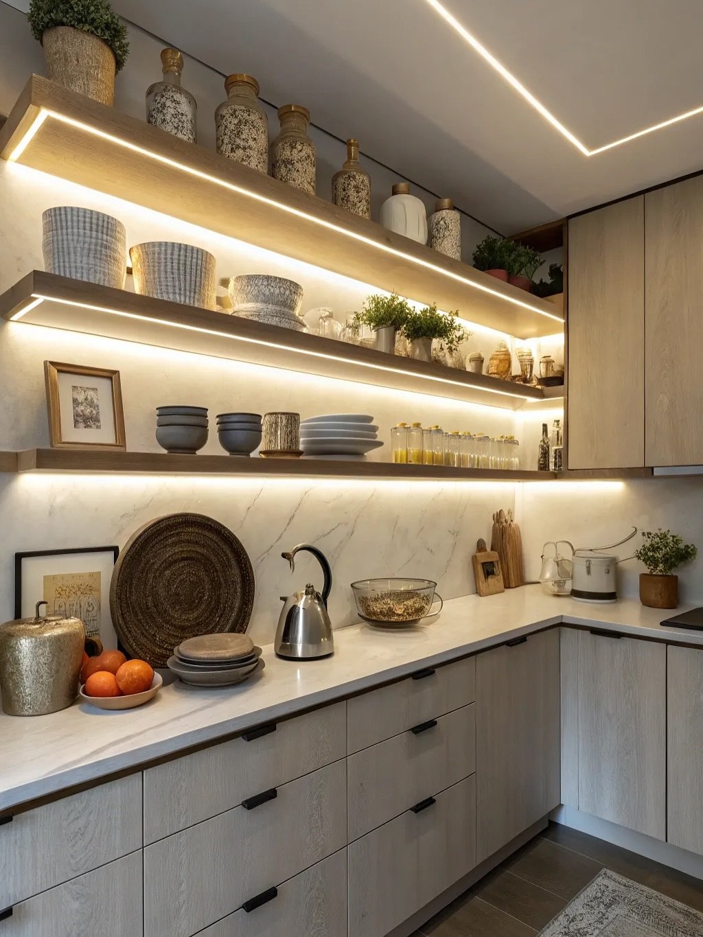 Kitchen corner with open wooden shelves featuring integrated LED strip lighting.