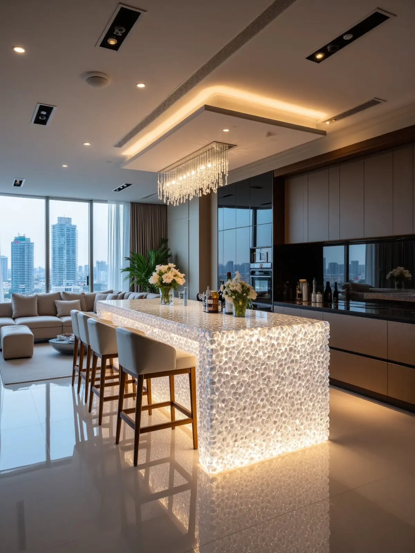Linear crystal chandelier hanging above a glowing textured glass island in a luxury apartment.