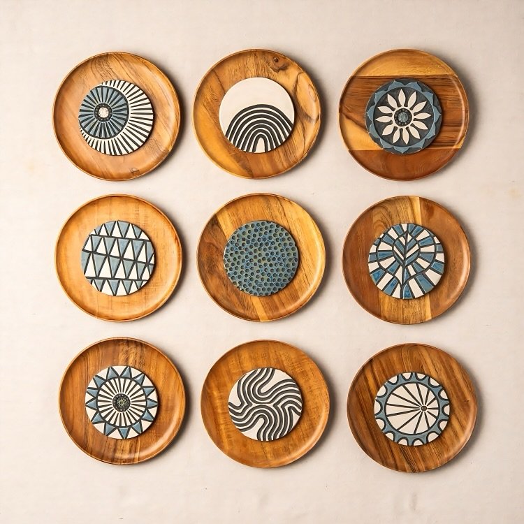 Grid of nine round wooden plates with blue and white patterned ceramic centers on a white wall