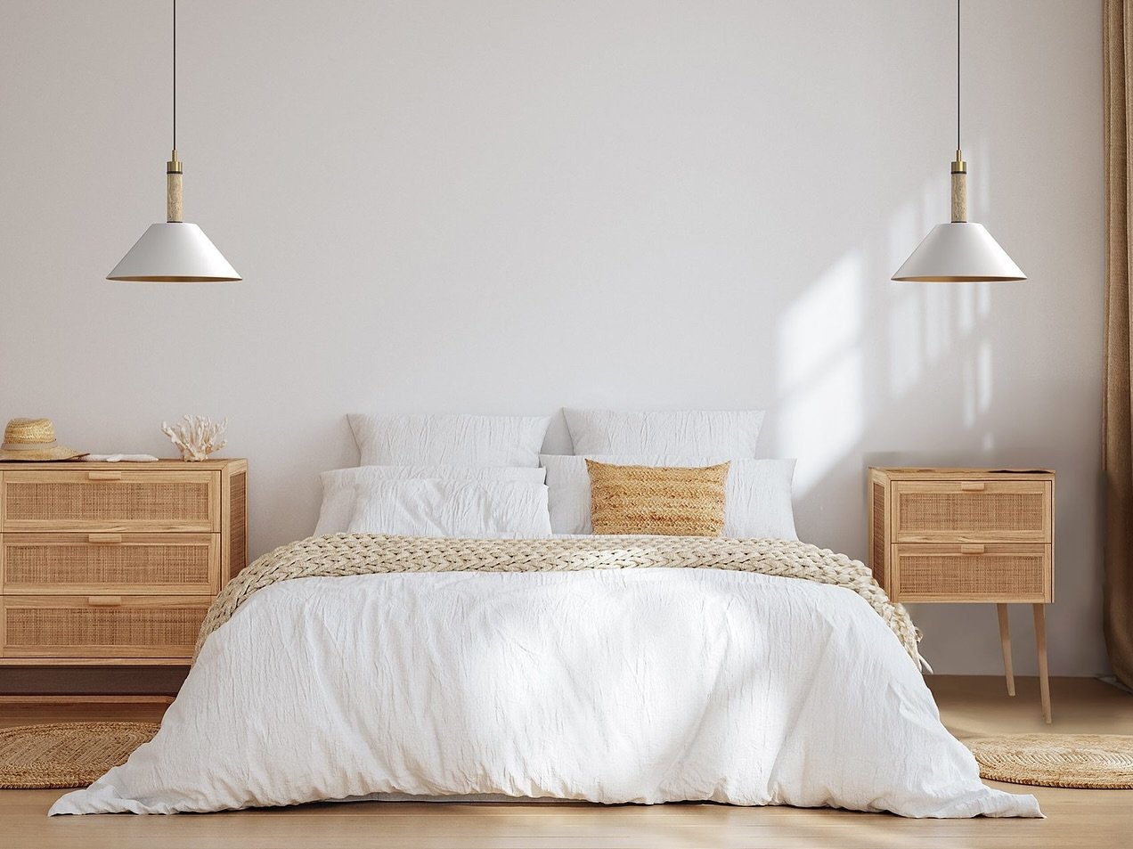 Bright white bedroom featuring twin white cone pendant lights hanging over wooden nightstands against a plain wall.