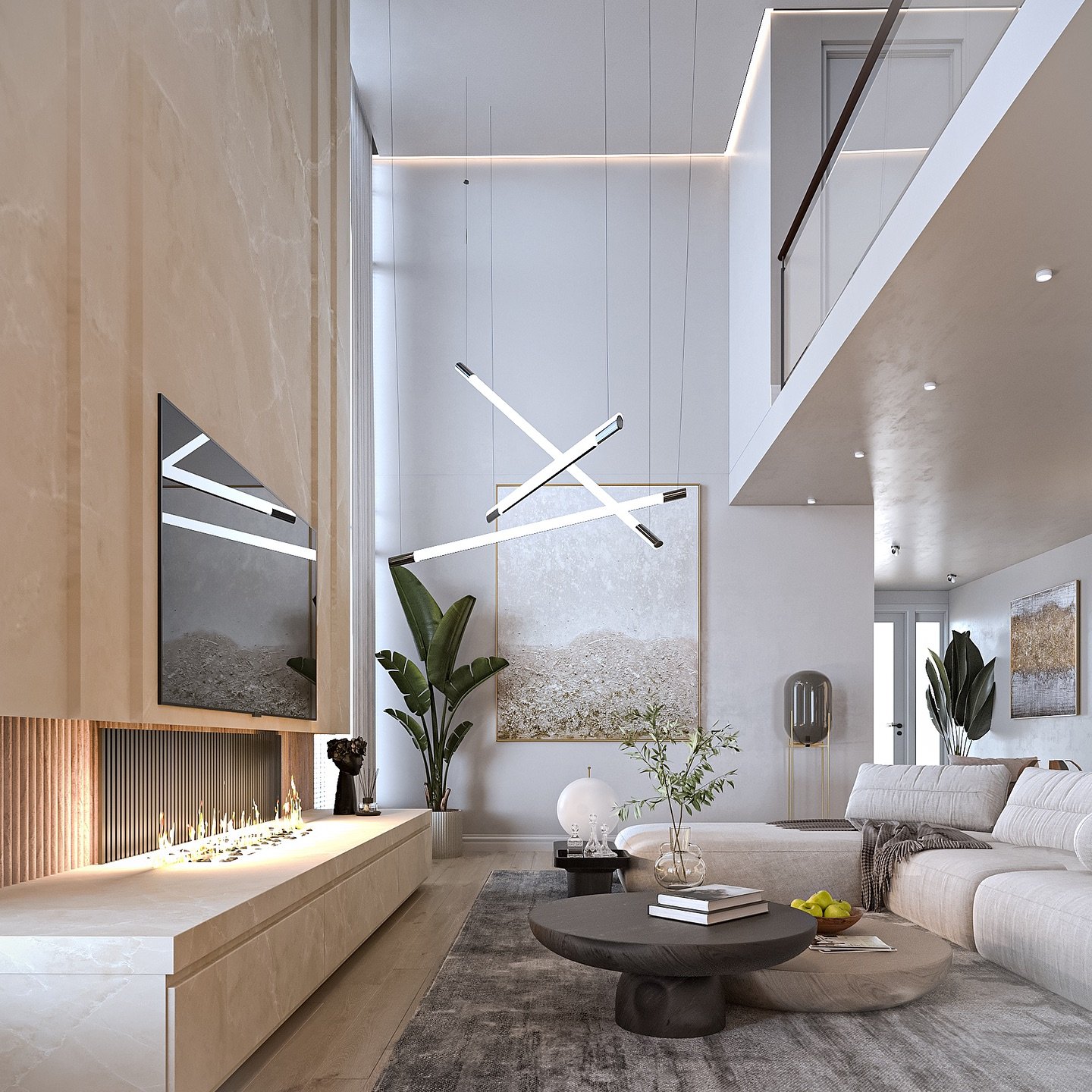 Contemporary double-height living room featuring intersecting linear tube lights hanging above a modern beige sectional.