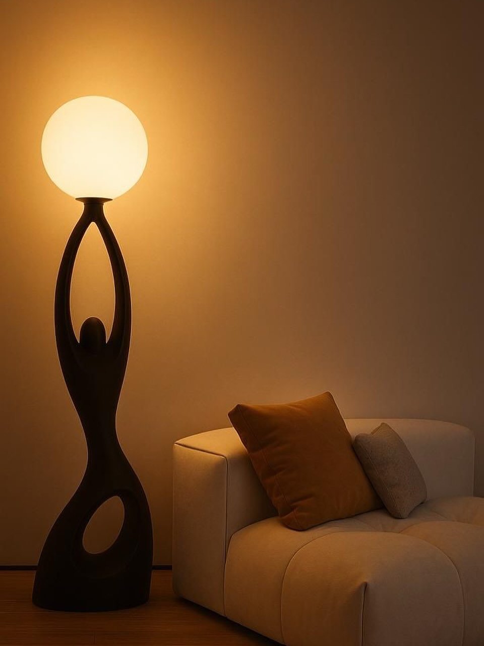 Minimalist living room featuring a black sculptural floor lamp shaped like a figure holding a glowing orb against a beige wall.
