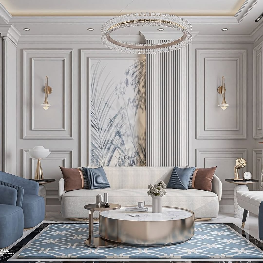 Elegant living room wall featuring faded botanical art, vertical fluting, and classic molding with sconces.