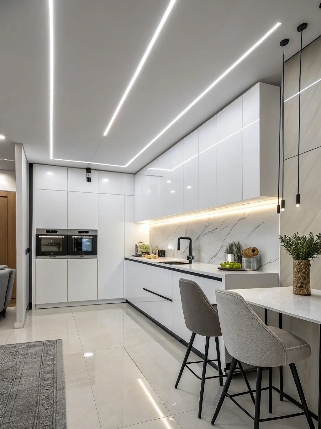 Minimalist white kitchen featuring rectangular recessed ceiling lights and sleek black pendants.