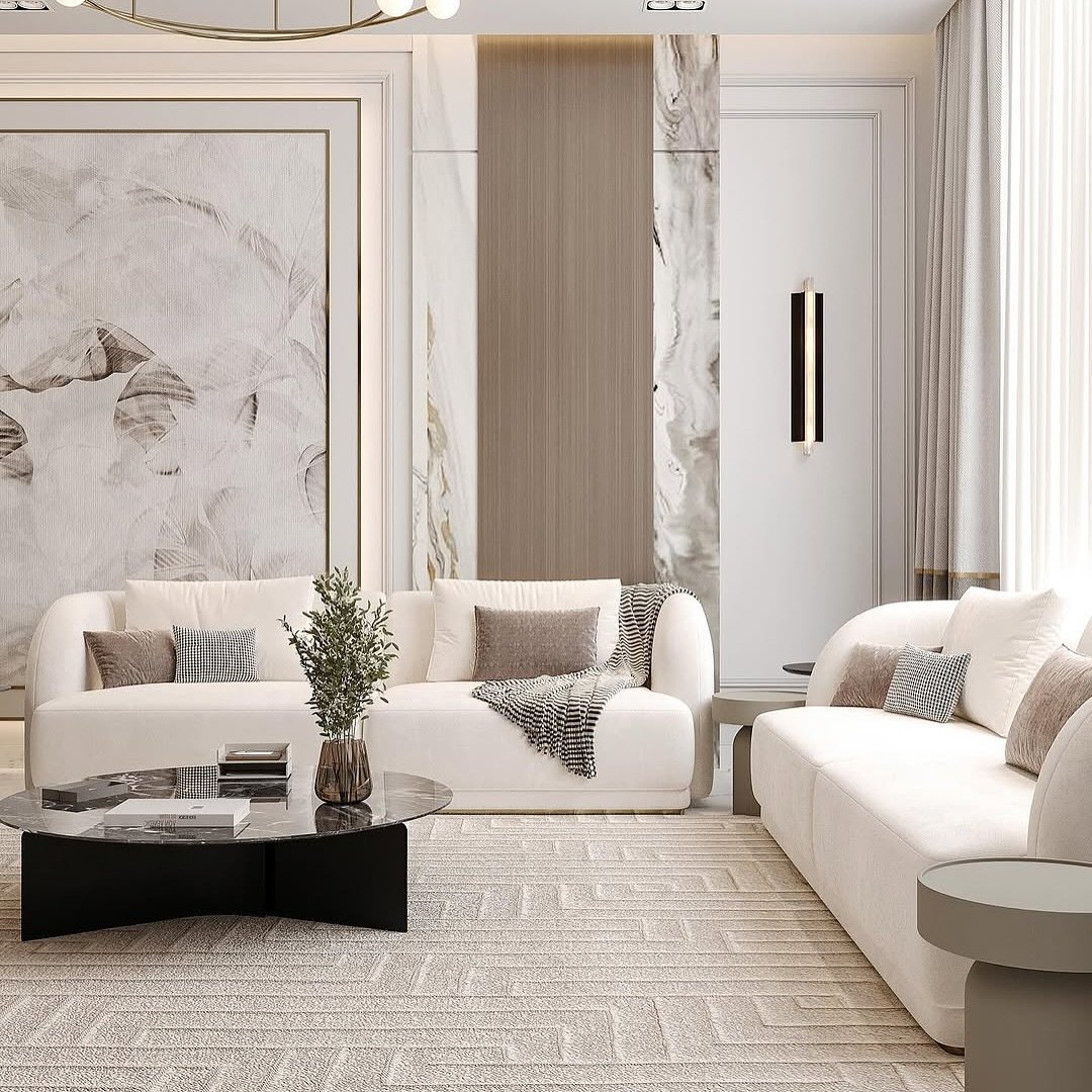 Modern luxury living room wall with abstract botanical art, brown fluted panel, and marble accents.