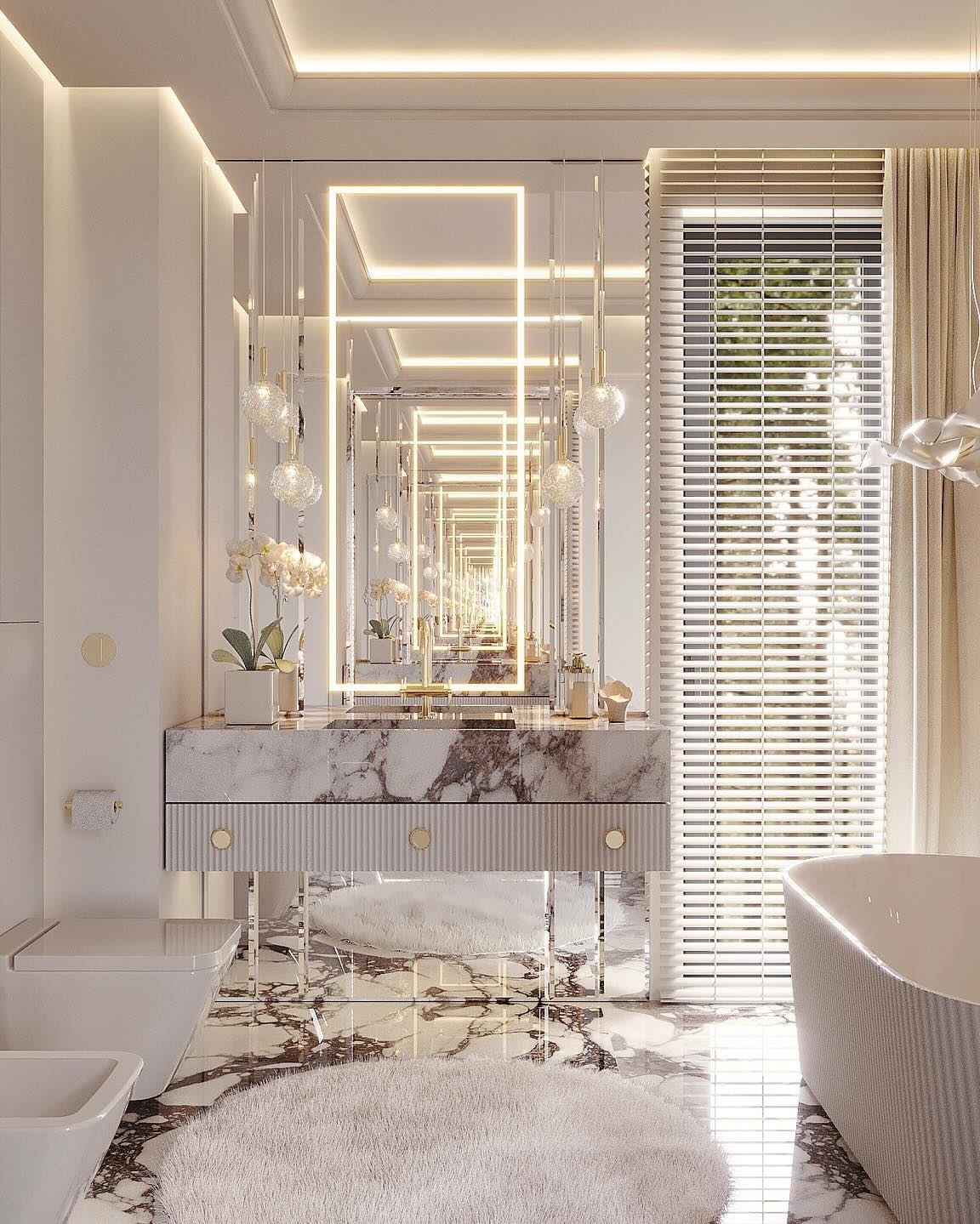 Luxurious marble bathroom featuring lighted rectangular mirror and hanging crystal pendants
