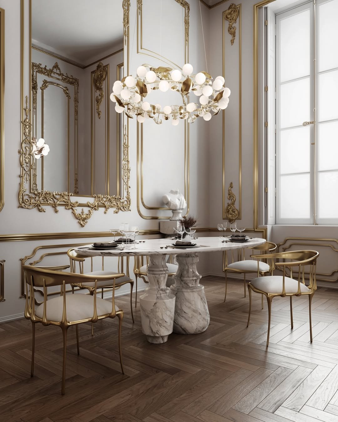 Circular gold and white globe chandelier hanging in a luxury dining room with gold wall moldings.