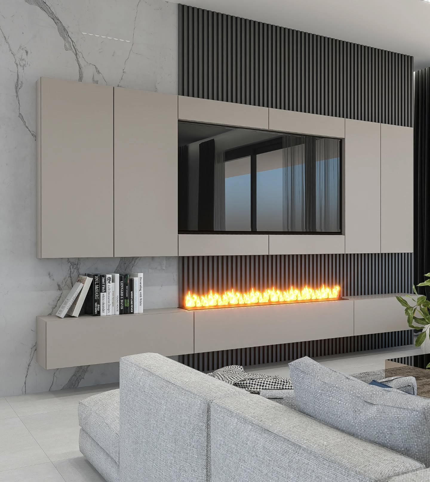 Modern TV wall with white marble, dark fluted panel, floating beige cabinets, and linear fireplace.