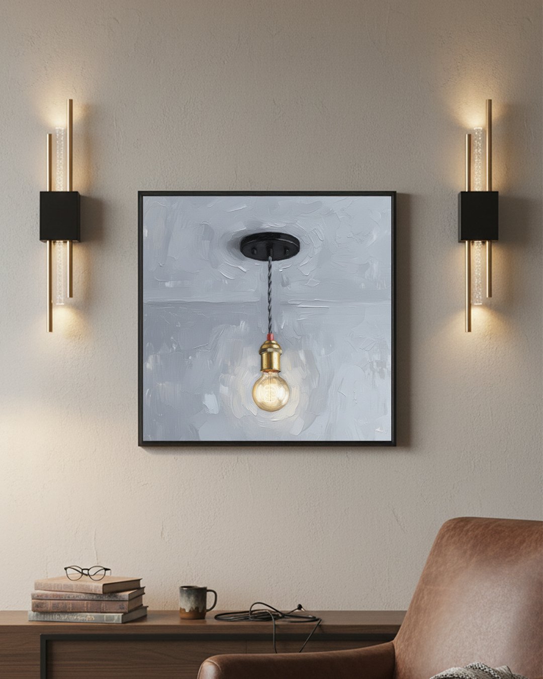 Close up of a beige accent wall featuring a framed lightbulb painting flanked by two modern vertical wall sconces above a wooden console.
