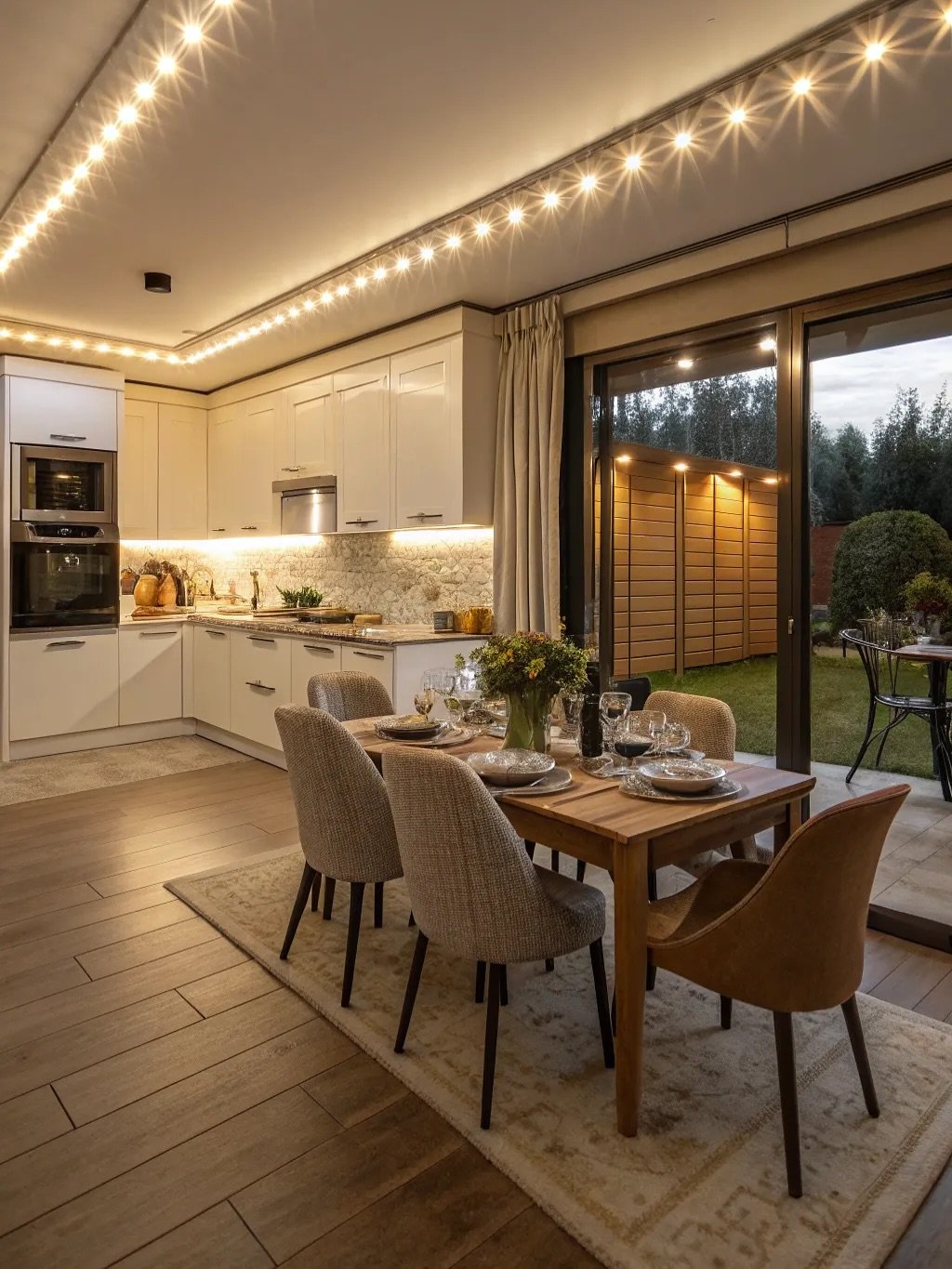 Open plan dining room featuring ceiling string lights and sliding glass doors revealing an illuminated garden fence.