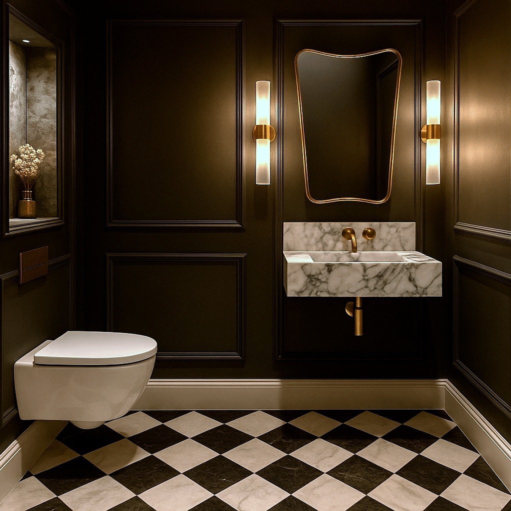 Dark green bathroom wall with panel molding featuring gold tubular sconces and checkerboard floor