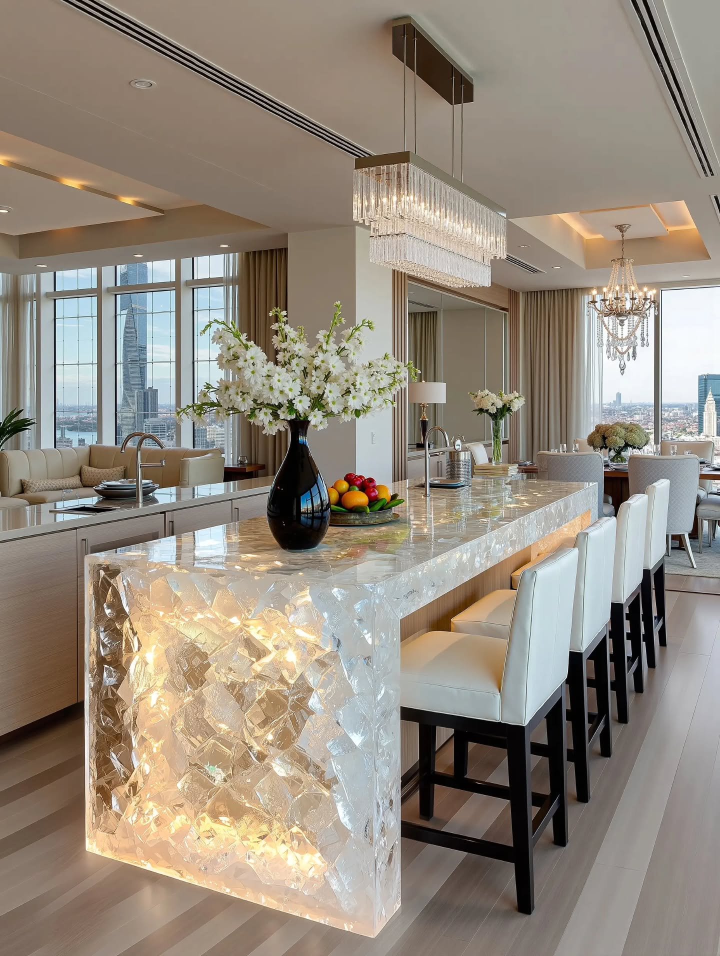 Rectangular tiered crystal chandelier hanging over an illuminated cracked-glass kitchen island in a luxury penthouse.