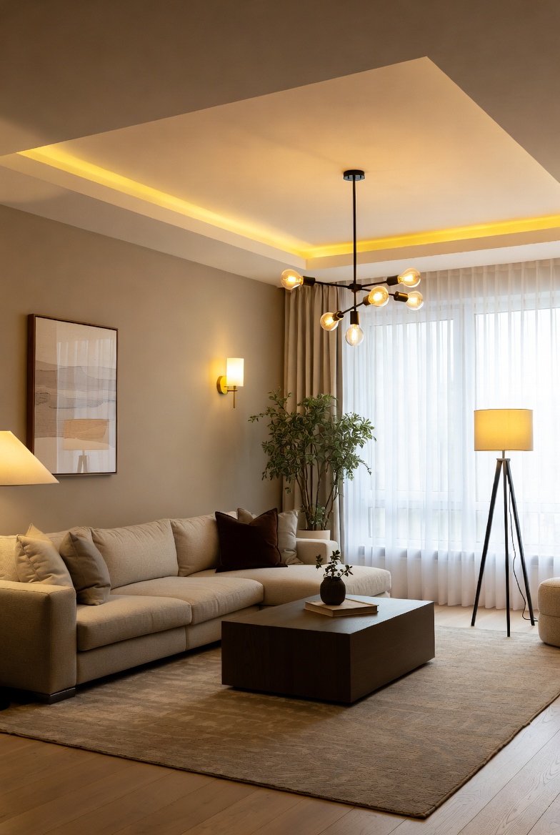 Cozy modern living room with a beige accent wall illuminated by a gold wall sconce and warm LED cove lighting in the tray ceiling.
