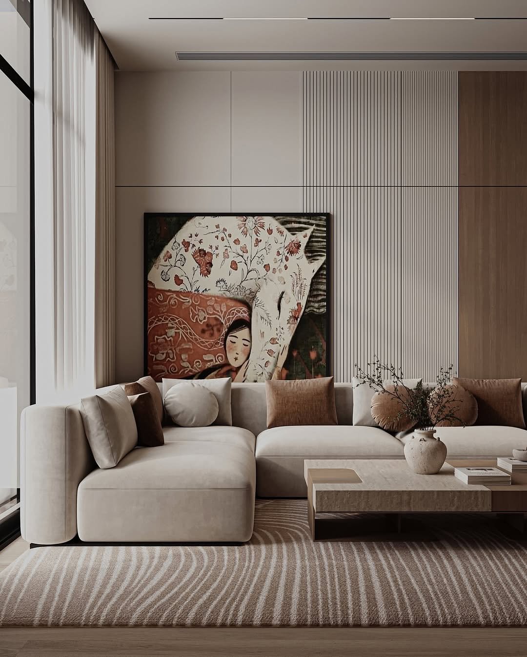 Modern living room wall featuring white vertical grooves, wood paneling, and large colorful ethnic art.