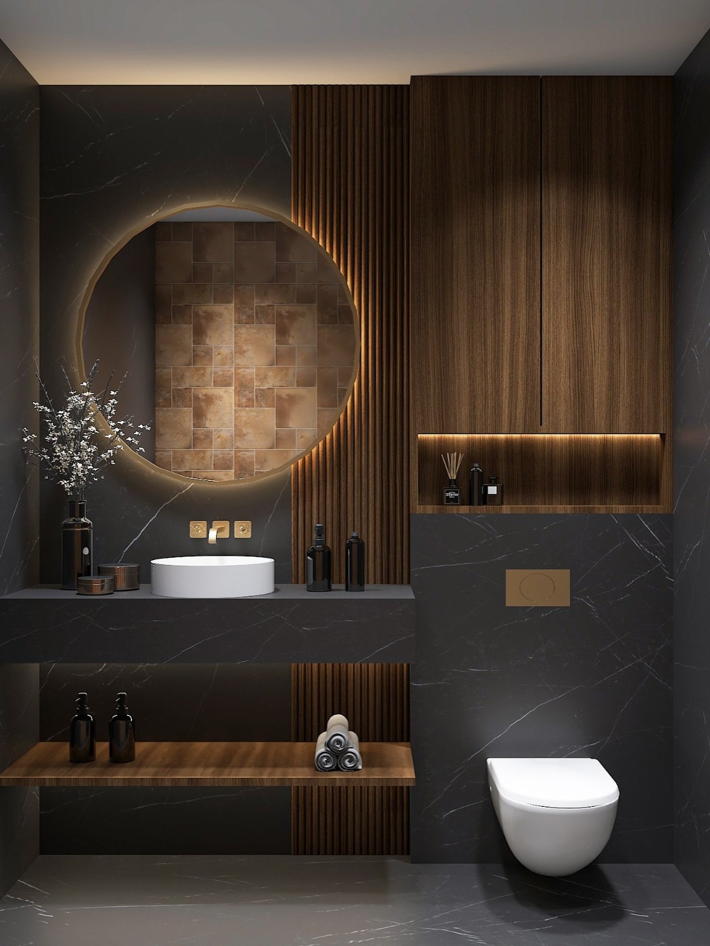 Dark modern bathroom with black marble walls, vertical wood slat accent, and backlit round mirror