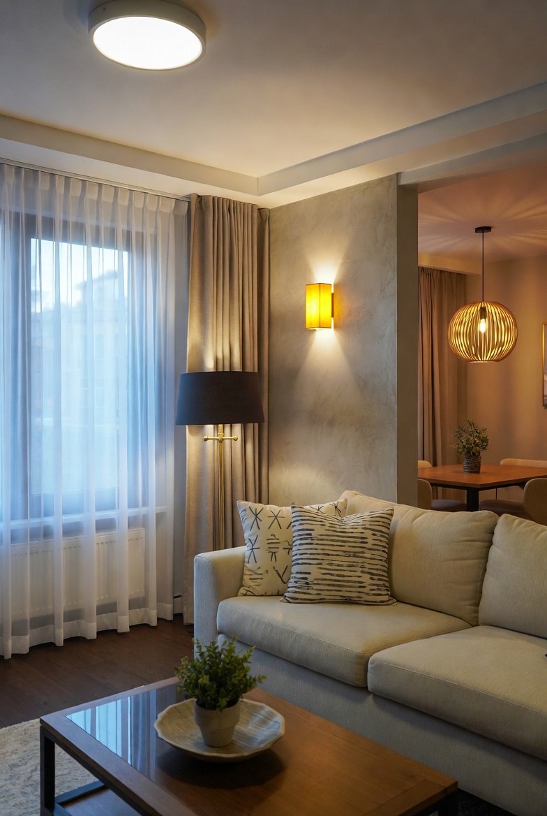 Cozy living room featuring a textured grey dividing wall illuminated by a warm rectangular sconce next to a beige sofa.