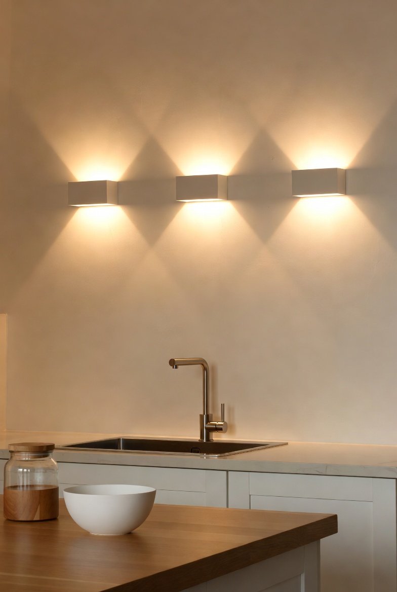 Minimalist kitchen wall featuring three rectangular lights casting X-shaped beams over the sink.