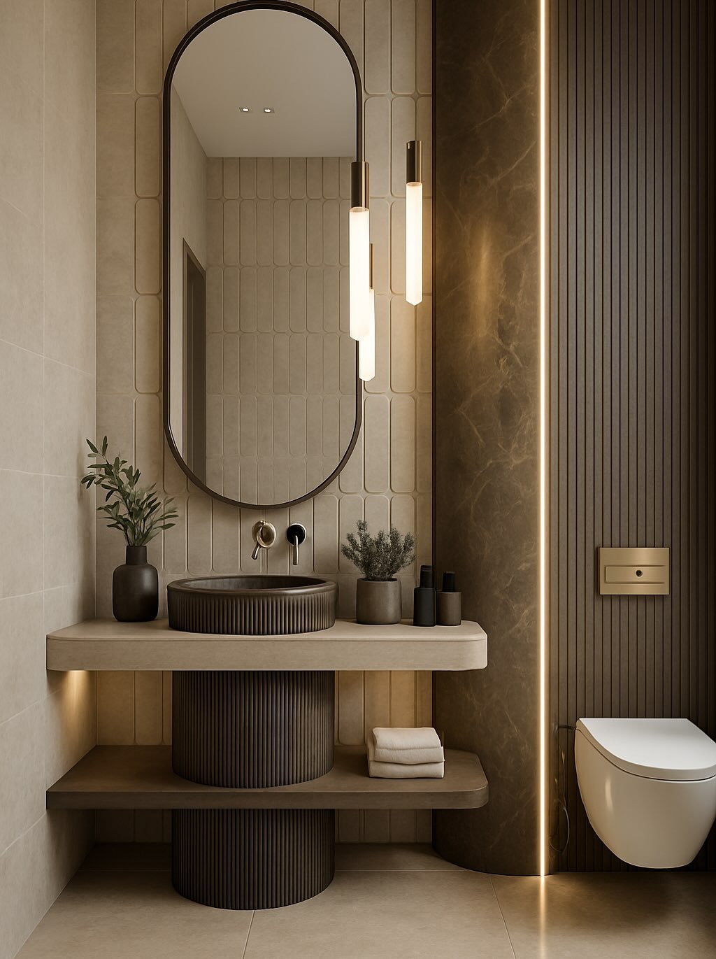 Beige bathroom featuring textured geometric tiles, slender white pendant lights, and a dark fluted pedestal sink