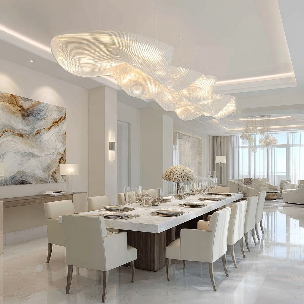 Large white wave chandelier over long marble table in luxury dining room.