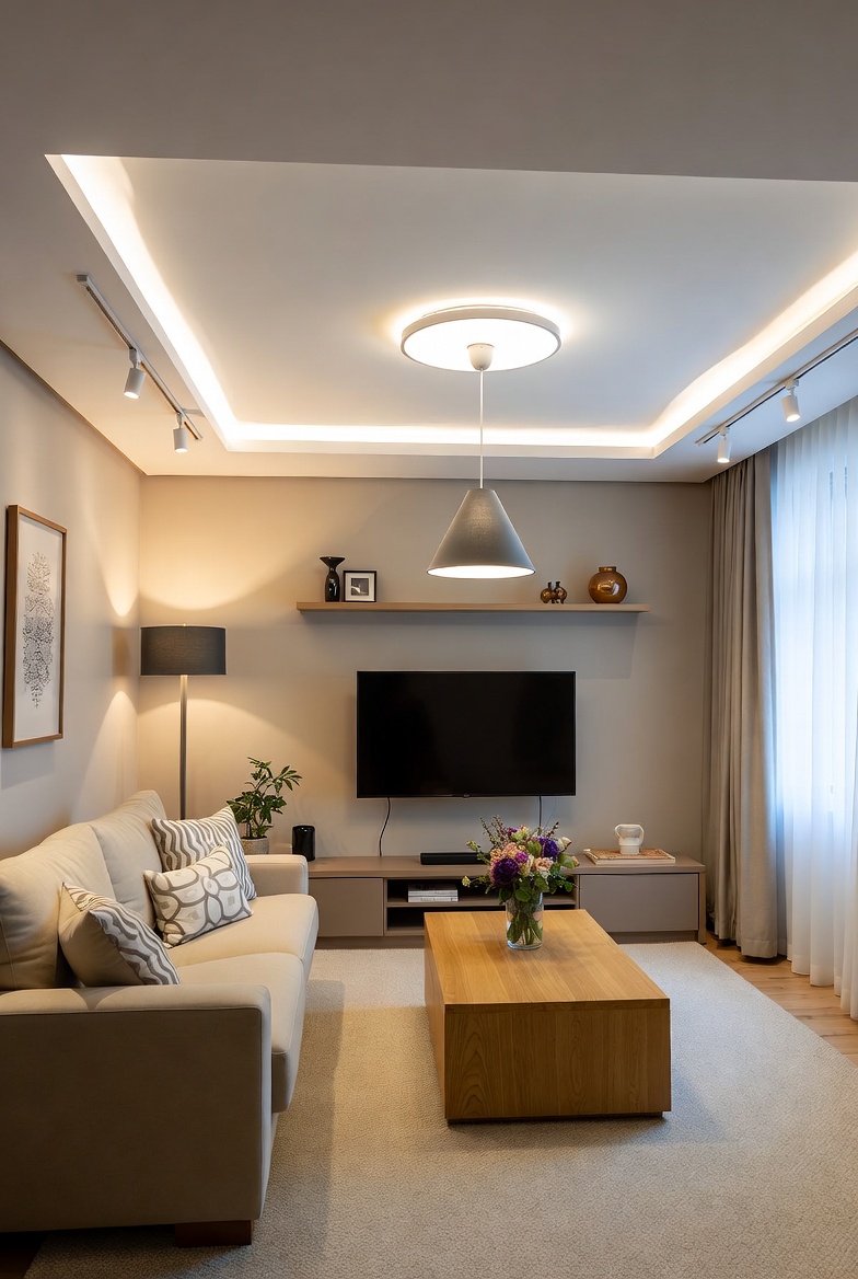 Modern beige living room featuring a TV accent wall with a floating shelf, illuminated by ceiling track lights and cove lighting.