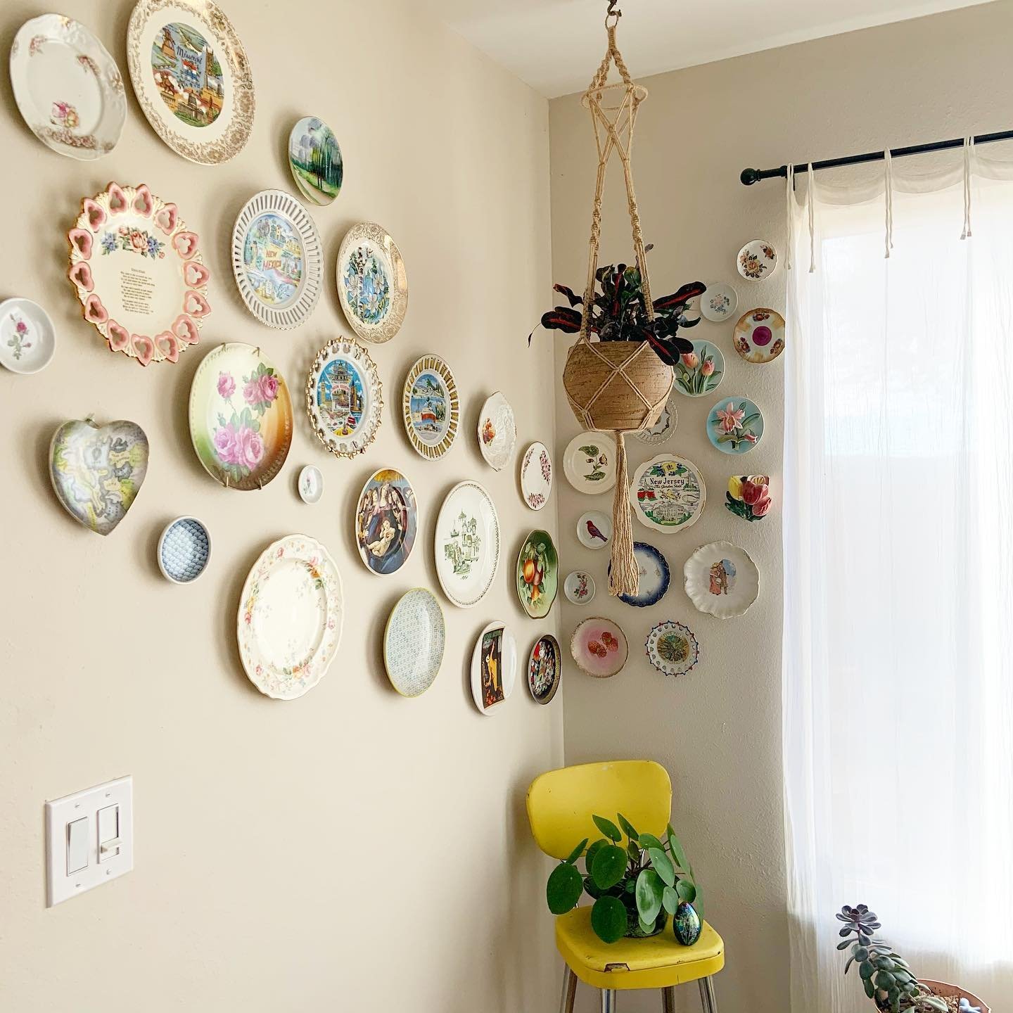 Corner wall filled with vintage souvenir and floral plates wrapping around to a window with a macrame plant hanger