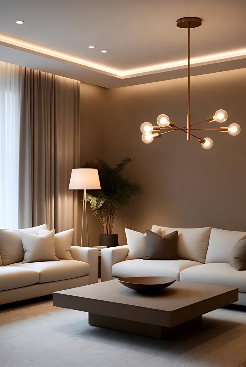 Modern beige living room with a brown painted accent wall illuminated by ceiling cove lighting and a floor lamp behind cream sofas.