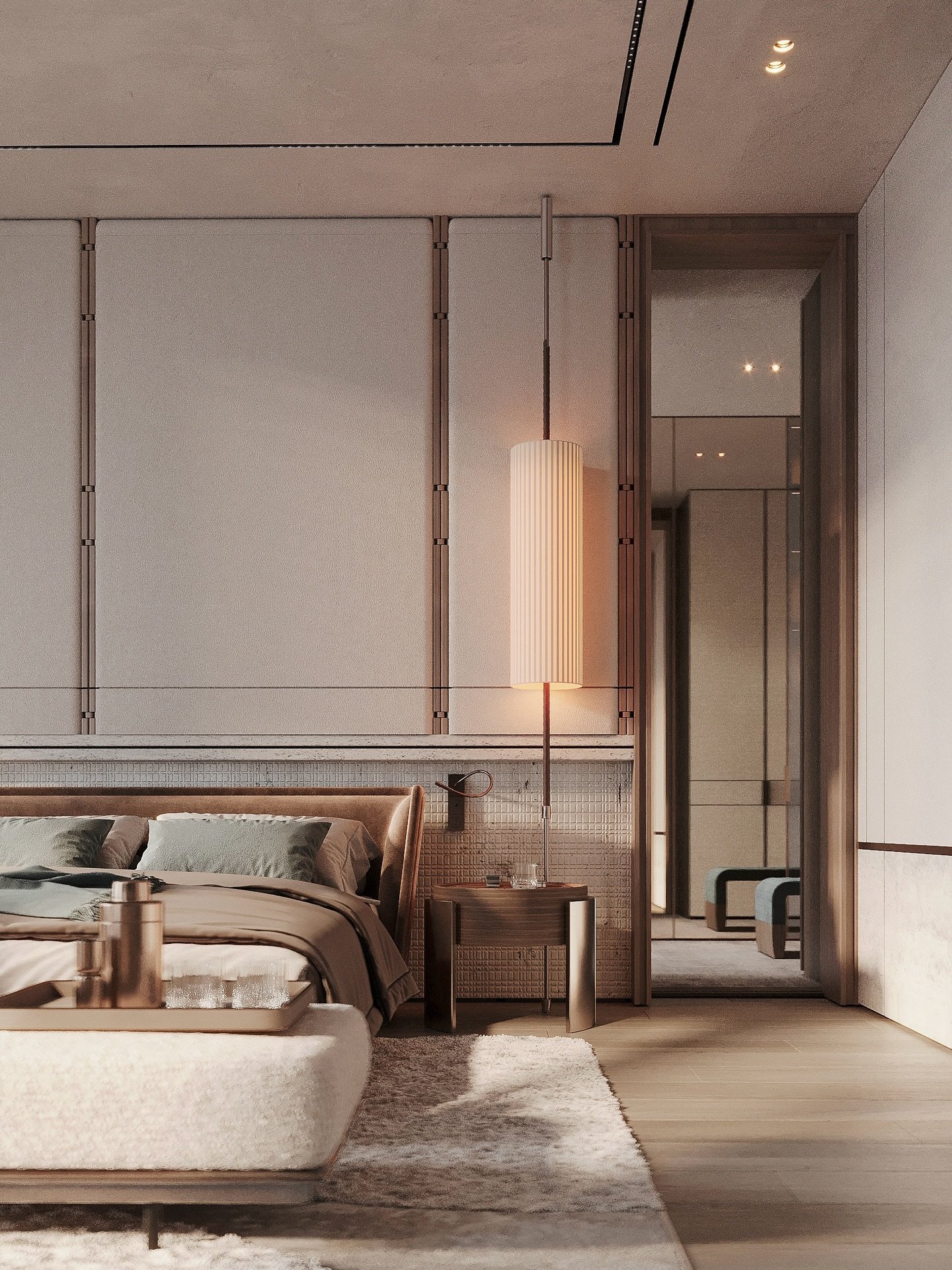 Beige bedroom featuring large fabric wall panels with vertical strips and a tall ribbed floor lamp.