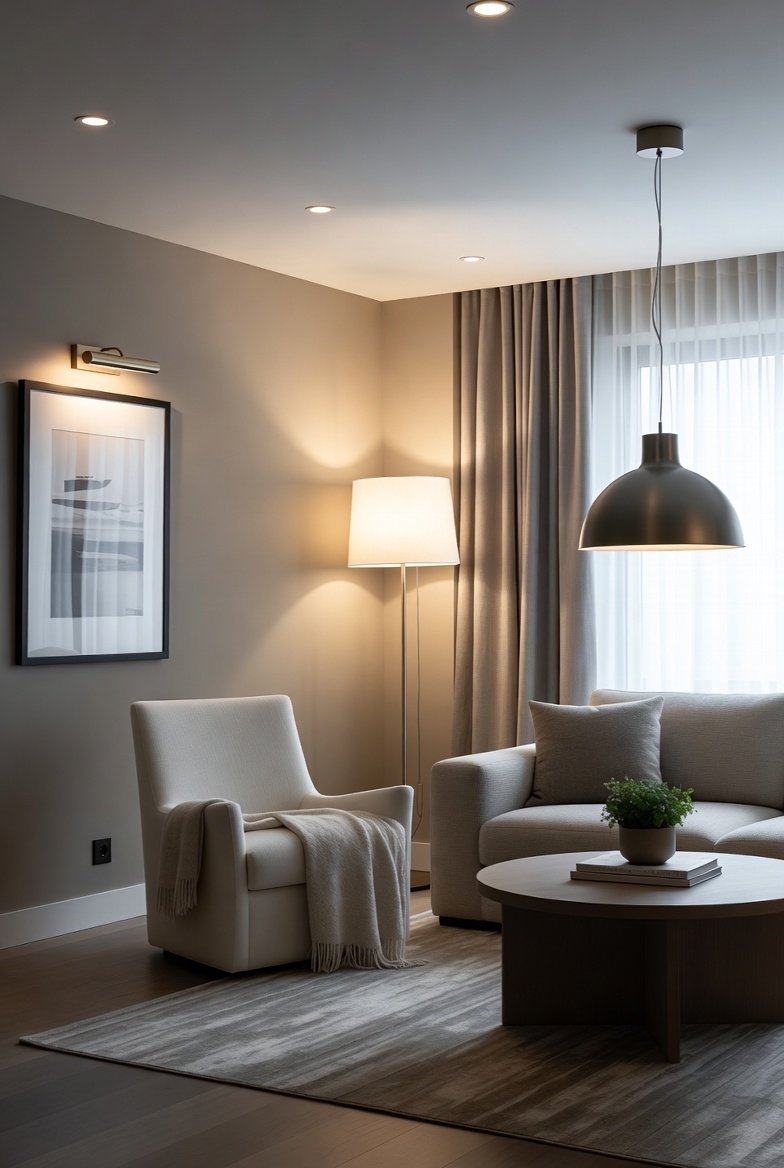 Cozy living room corner with a beige accent wall featuring a black and white photo lit by a picture light, next to a floor lamp and armchair.