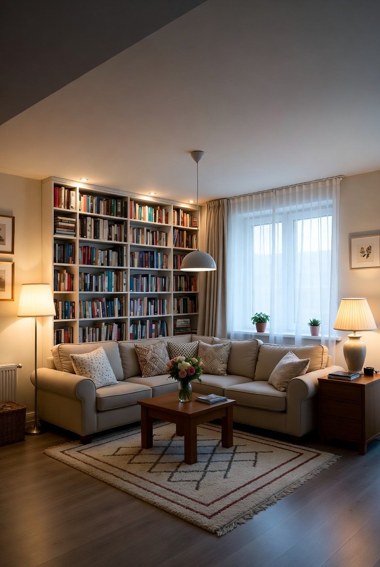 Cozy living room with a large built-in bookshelf illuminated by recessed ceiling lights, next to a sectional sofa and a floor lamp.