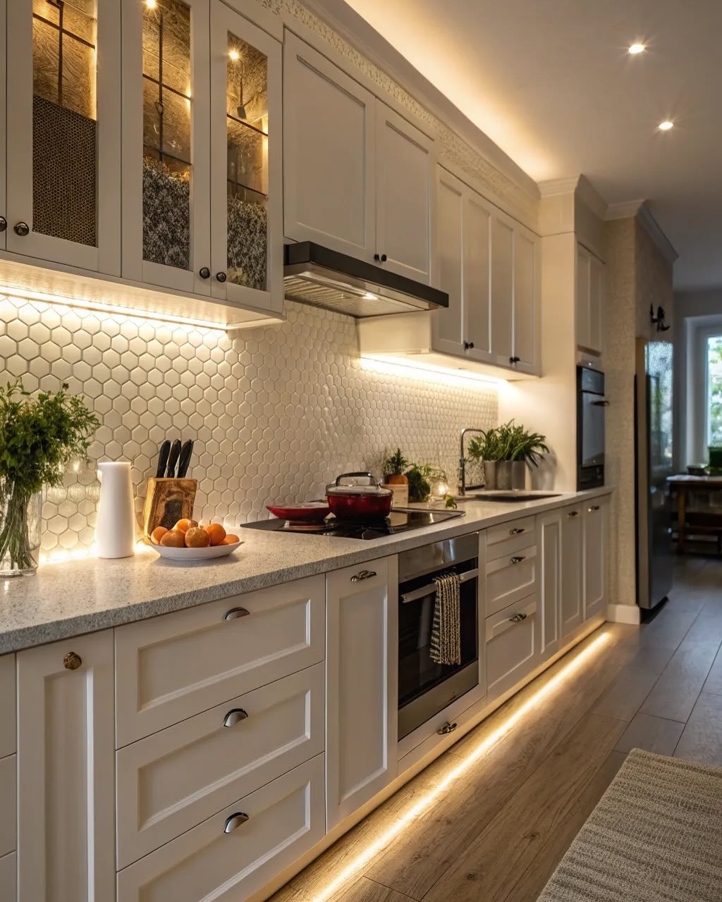 Modern kitchen featuring under-cabinet and plinth LED lighting with illuminated glass cupboards.